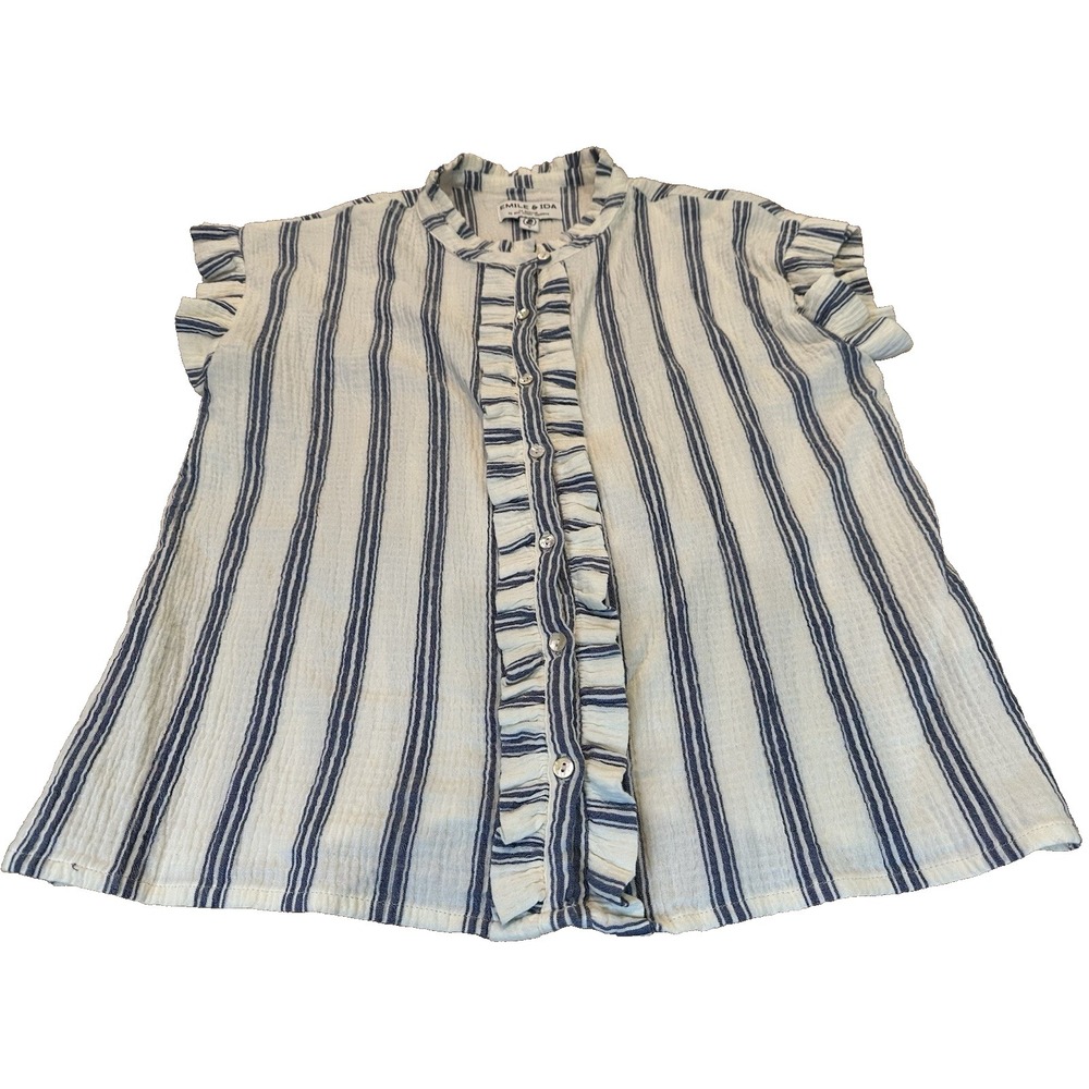 Emile et & Ida Vintage Striped 99% Cotton Button Up Short Sleeve Blouse Size S
